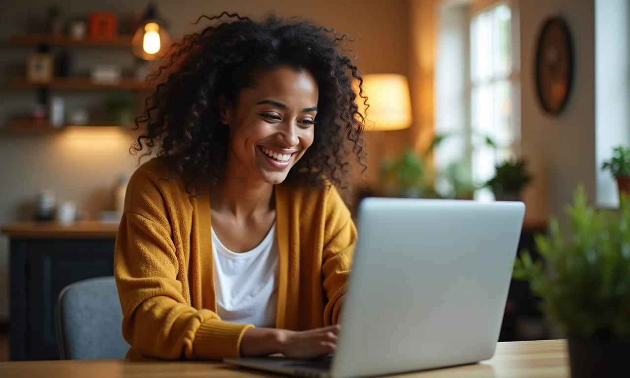 Mulher executando seu primeiro plugin WordPress em casa.