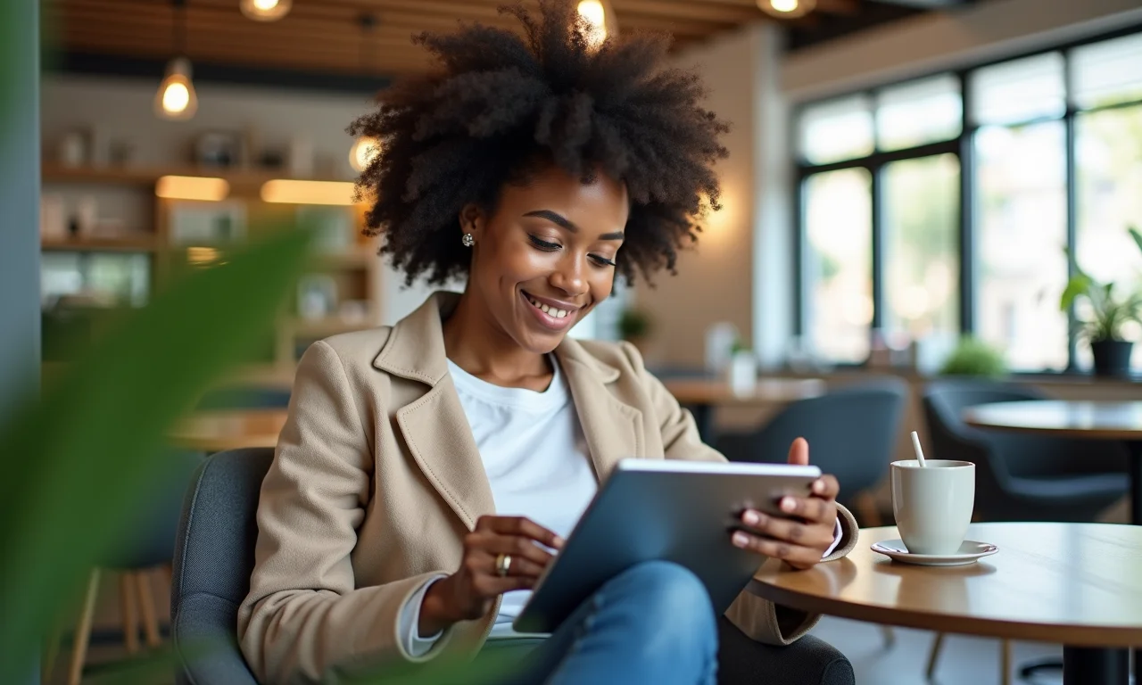 Mulher usando caneta stylus em iPad em espaço de coworking.