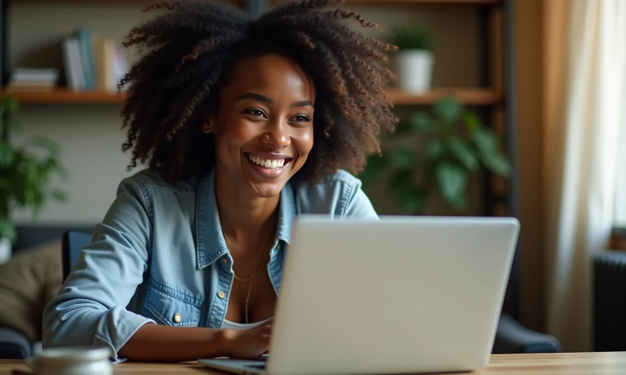 Mulher usando laptop recondicionado em home office.