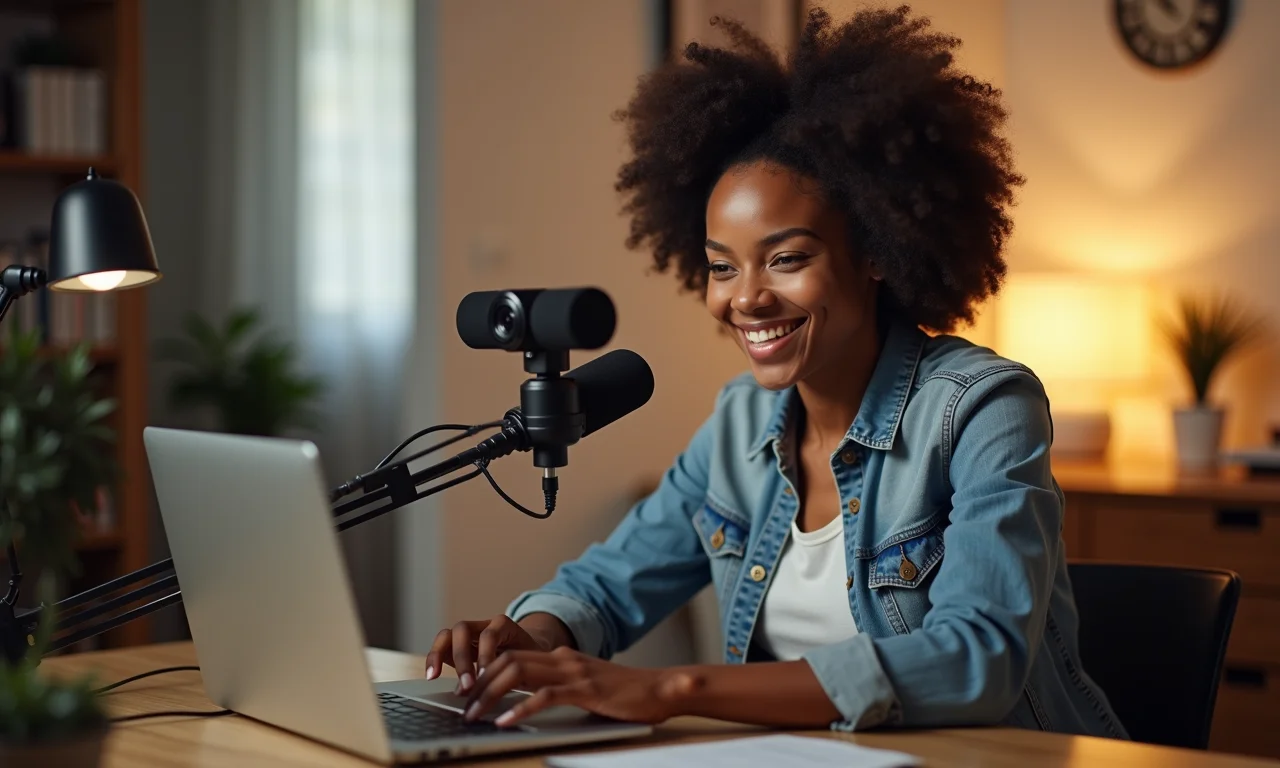Mulher usando webcam e microfone para streaming