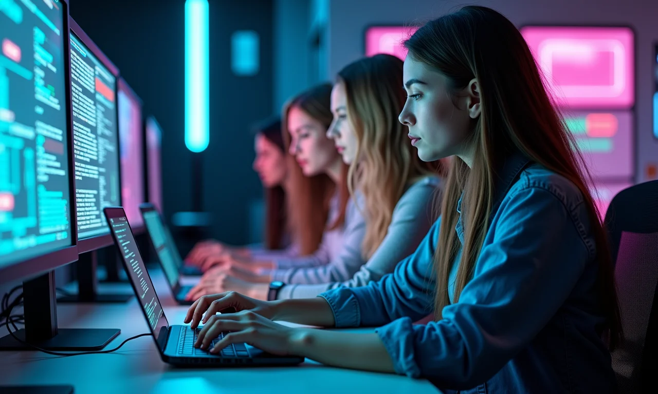 Mulheres diversas trabalhando em hardware e programação.