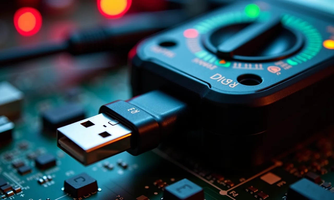 Multímetro medindo voltagem em porta USB