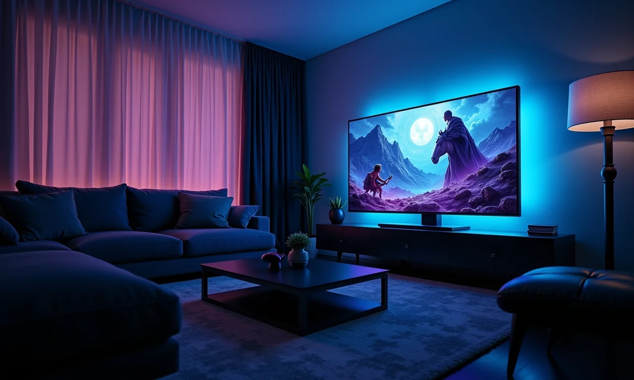 PC gamer de alta performance integrado à sala de estar moderna.