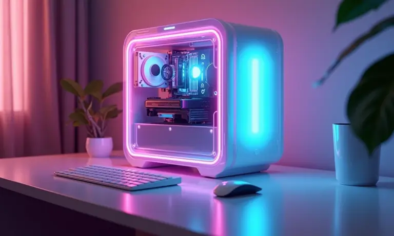 PC infantil transparente flutuando com iluminação neon.