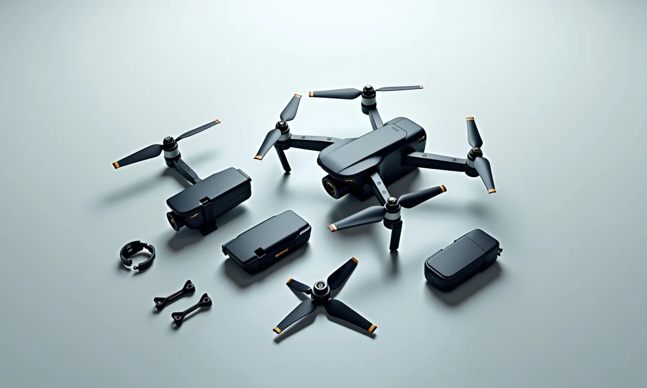 Peças essenciais de um drone em close-up.