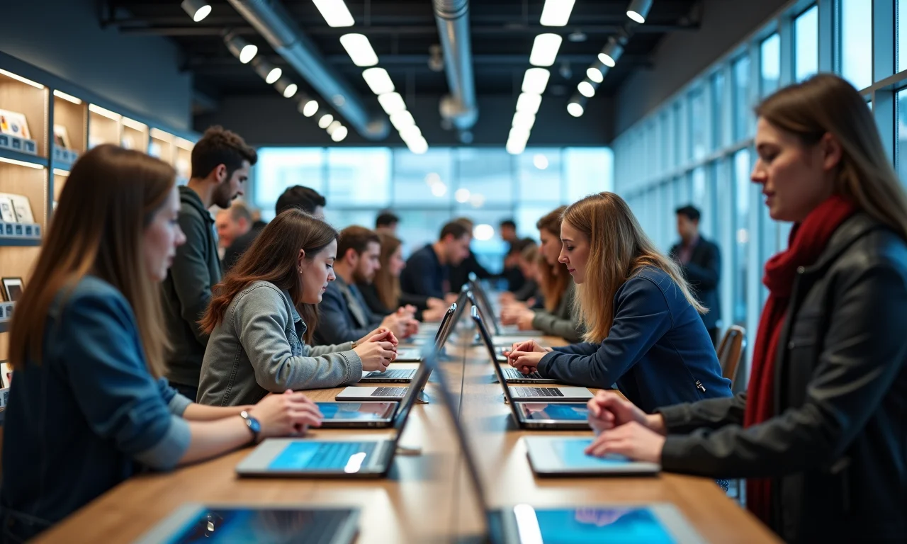 Pessoas comprando eletrônicos recondicionados em loja confiável.