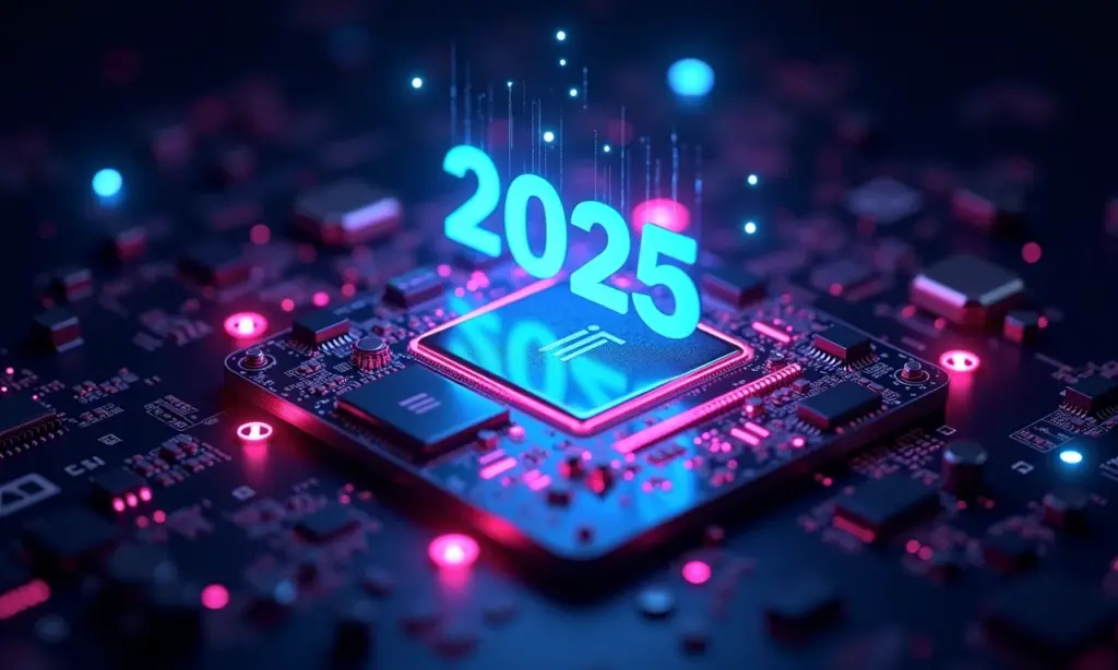 Placa-mãe futurista com hologramas representando erros de montagem de PC em 2025.