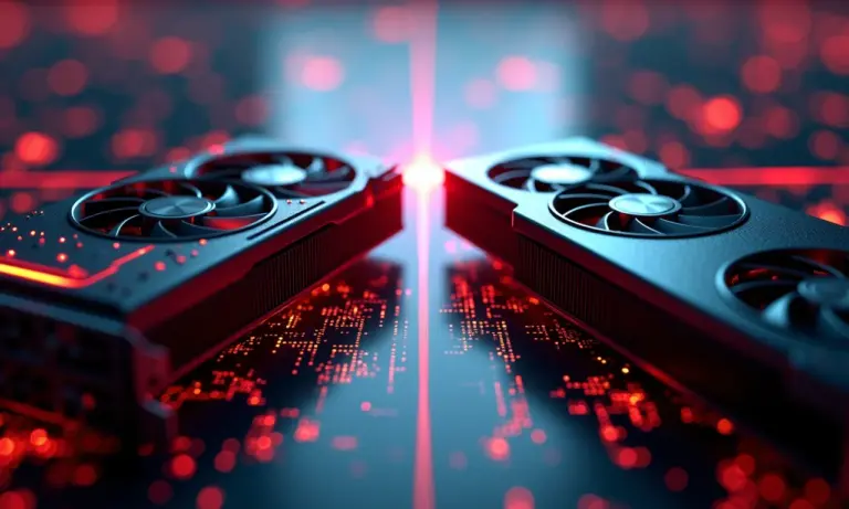Placas de vídeo AMD e Nvidia lado a lado, representando a competição em IA.