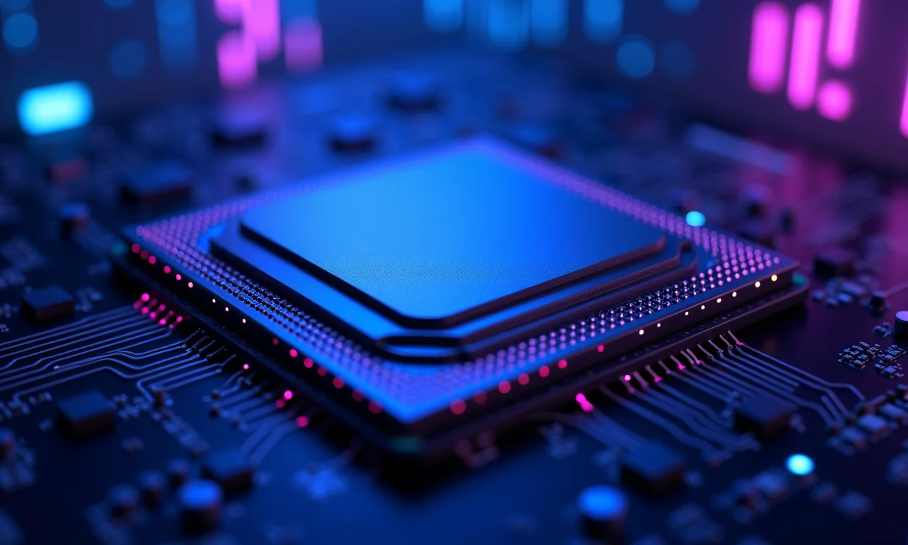 Processador moderno com circuitos visíveis e iluminação dramática.
