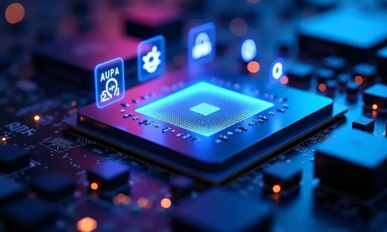Processador moderno com luzes neon e projeções holográficas.
