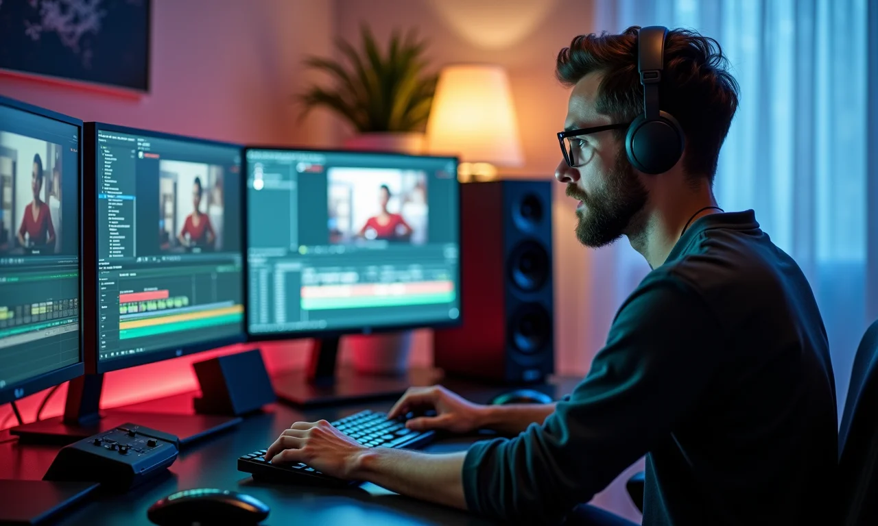 Profissional de edição de vídeo trabalhando em um sistema otimizado.