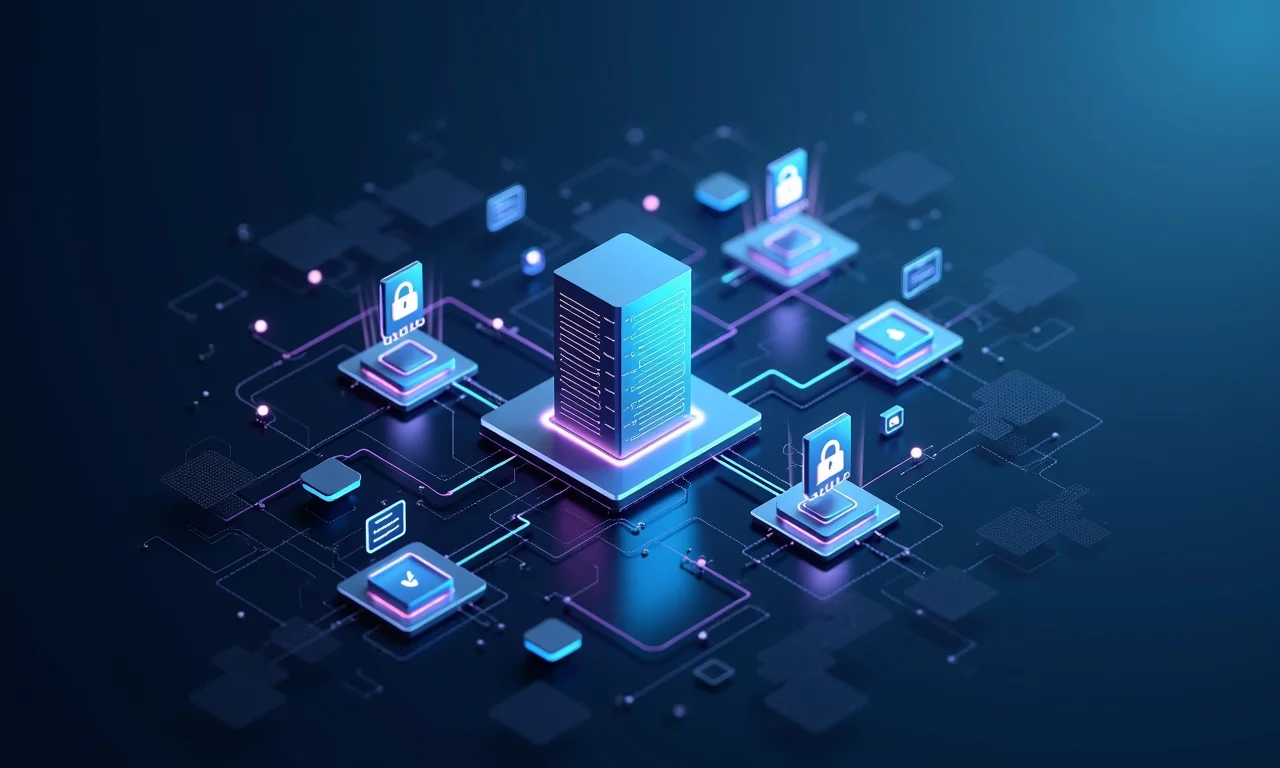 Rede de componentes de servidor com ícones de segurança