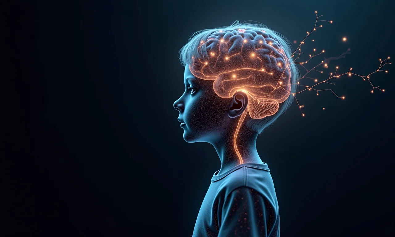 Redes neurais brilhantes emanando de uma criança.