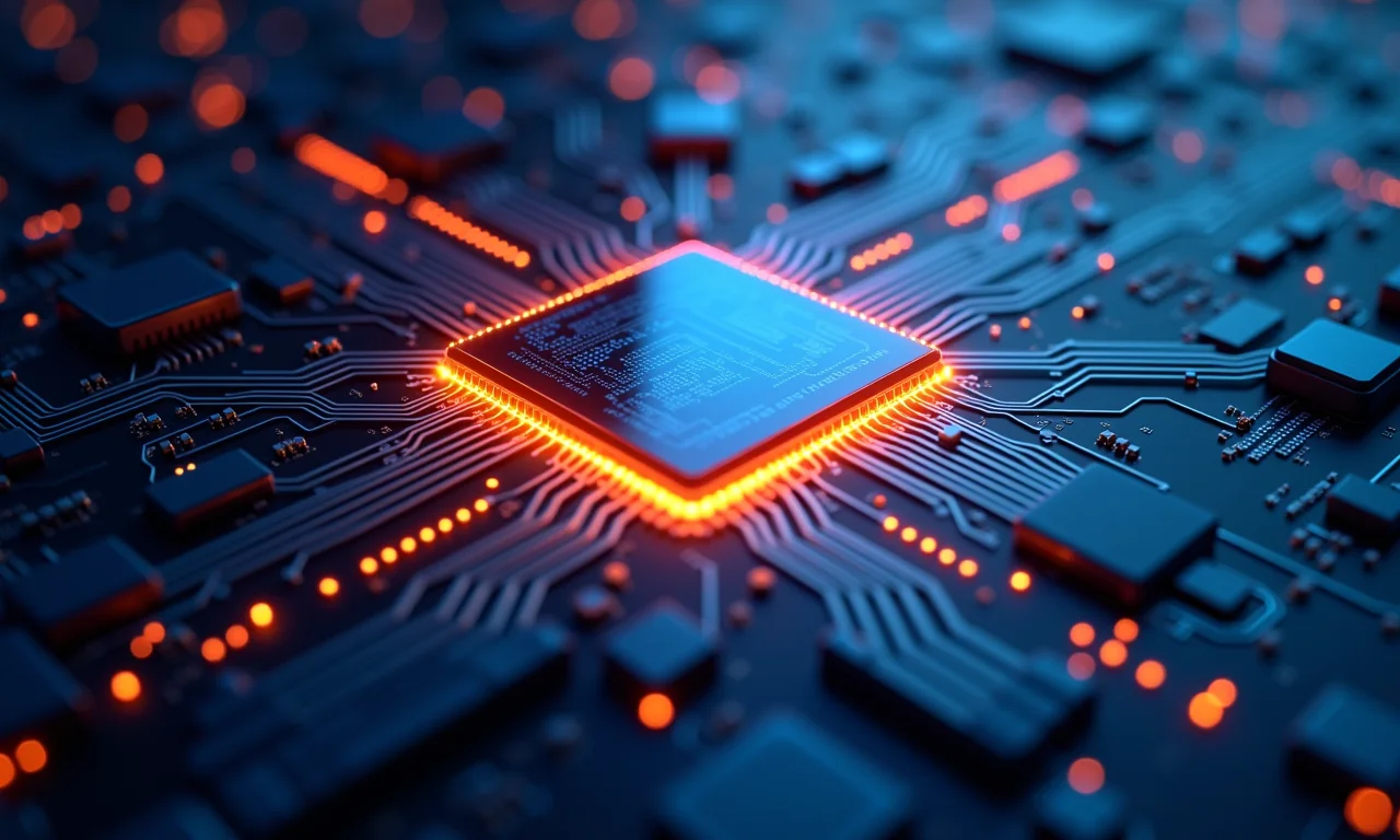 Representação abstrata de circuitos e dados convergindo em um chip gráfico