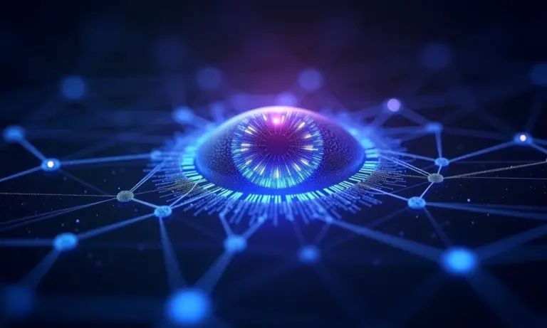 Representação abstrata de visão computacional com nós interconectados.