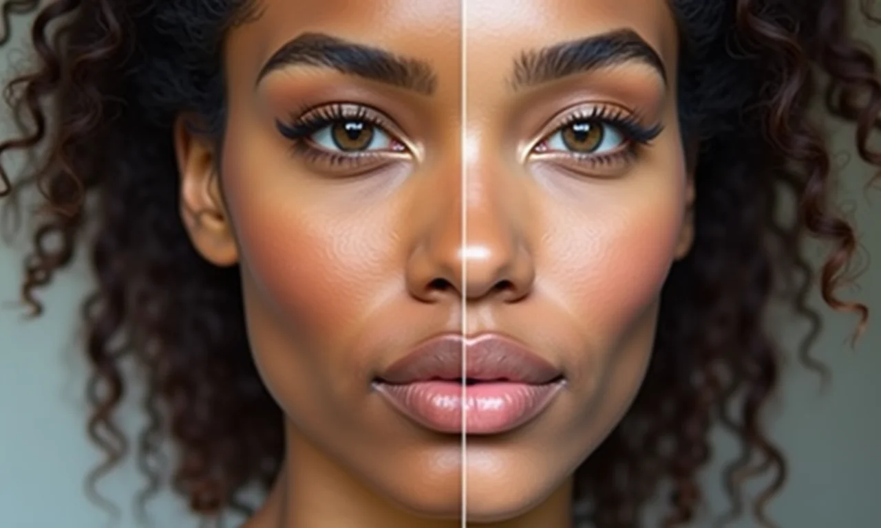 Rosto com maquiagem excessiva versus maquiagem natural.