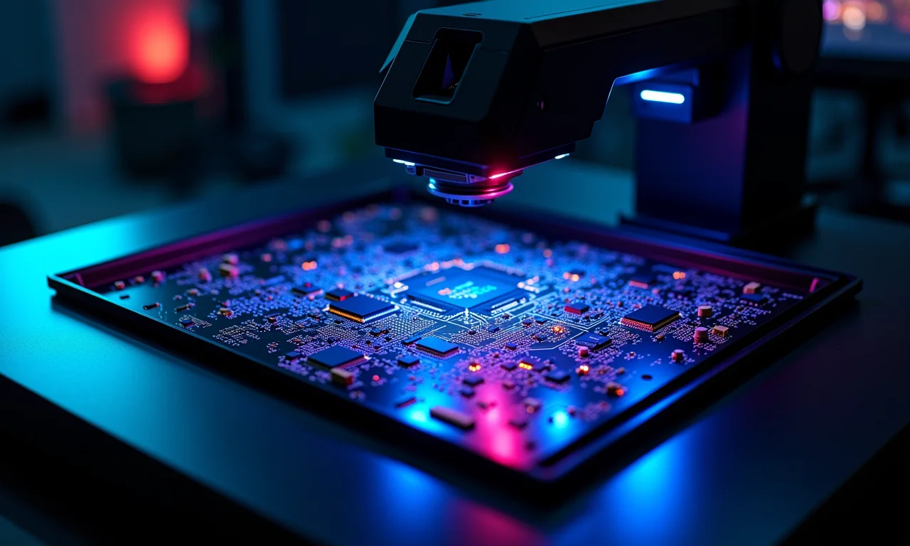 Scanner de mesa de alta resolução digitalizando placa de circuito.