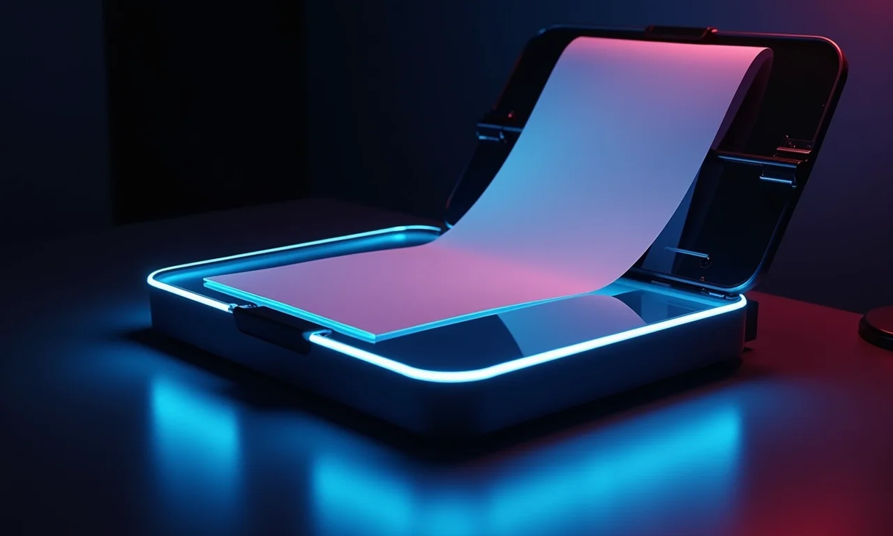 Scanner de mesa moderno com design elegante e iluminação RGB.