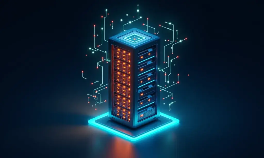 Servidor com luzes em cores vibrantes representando React