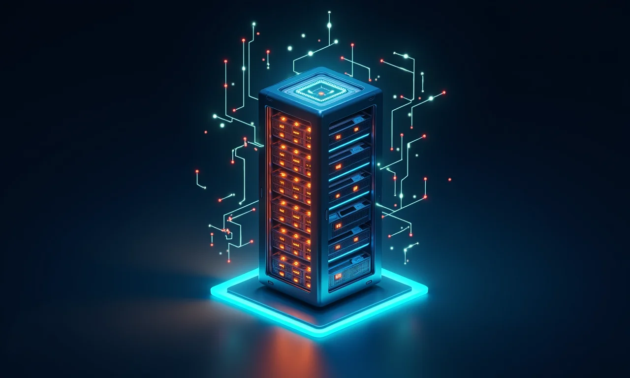 Servidor com luzes em cores vibrantes representando React