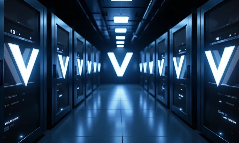 Servidores Vultr em sala moderna com iluminação azul e roxa