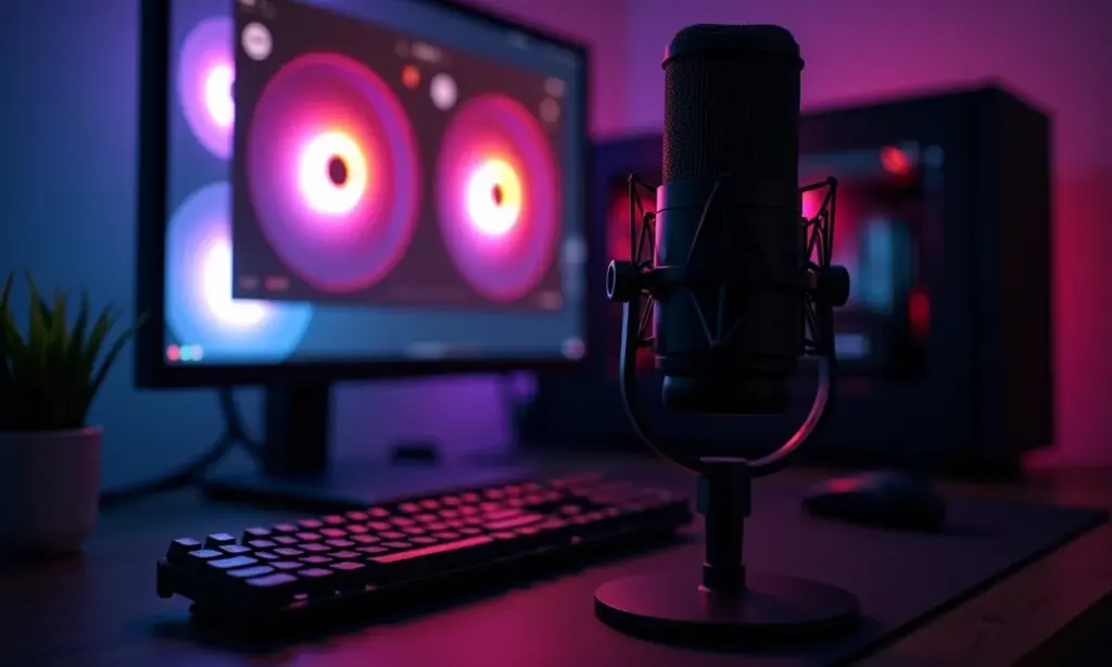 Setup profissional de PC para streaming com iluminação RGB.