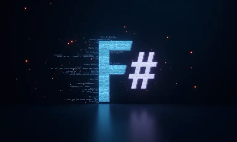 Símbolo F# entrelaçado com código brilhante, representando a linguagem de programação da Microsoft.