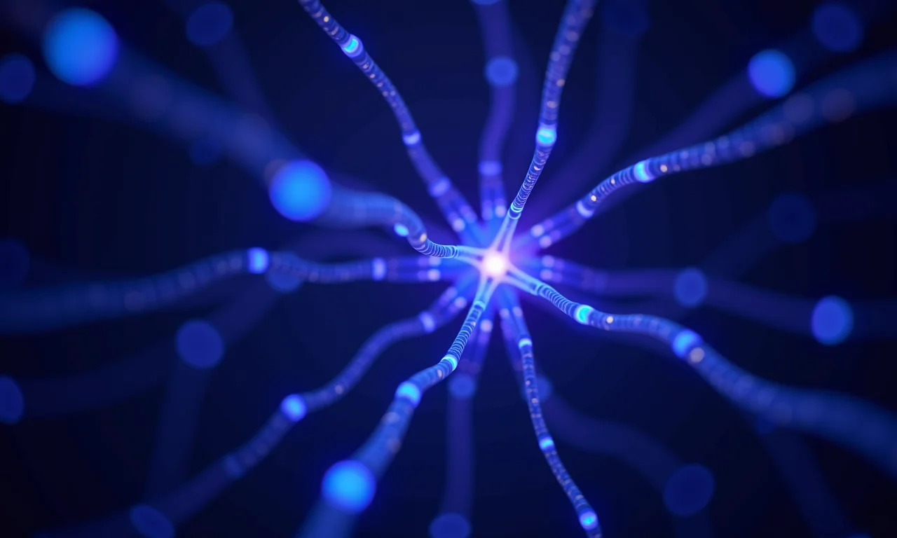 Simulação de uma rede neural com nós e sinapses interconectados.