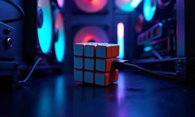 Speedcube sendo resolvido rapidamente em frente a um PC gamer