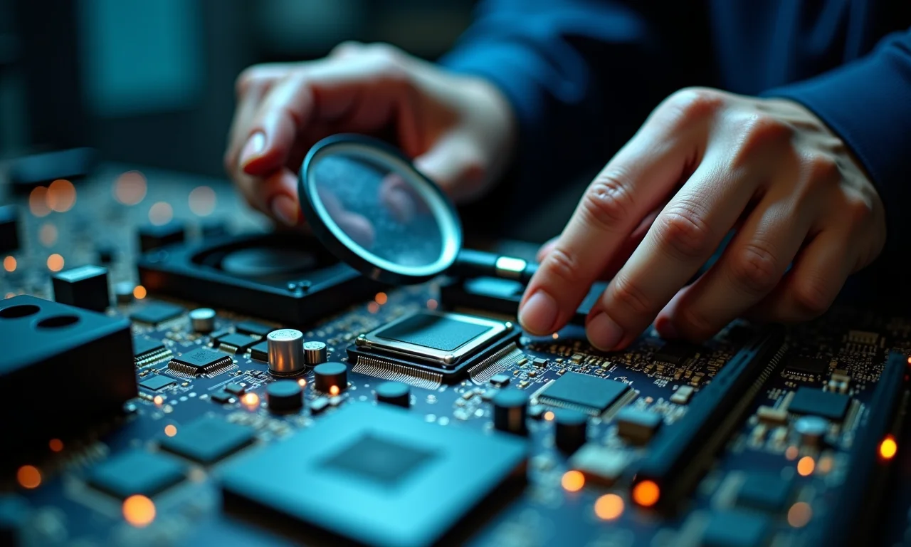 Técnico inspecionando placa-mãe recondicionada com lupa.