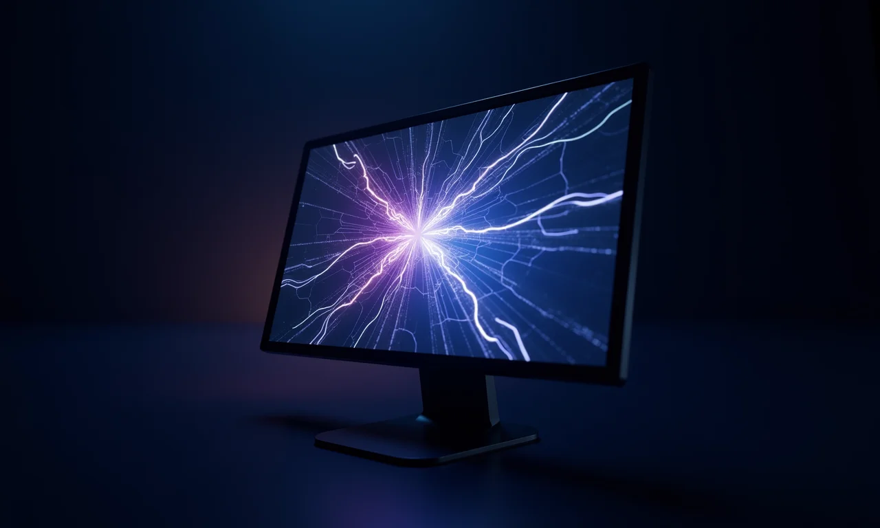 Tela de monitor com efeito de screen tearing sendo reparada digitalmente.