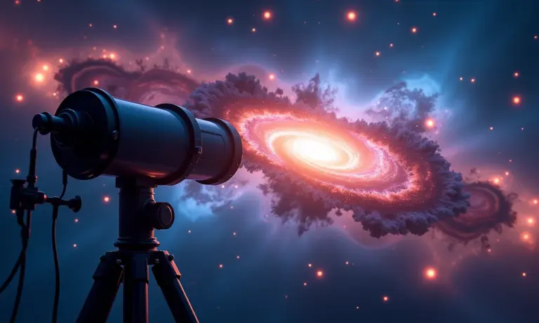 Telescópio moderno capturando imagem de nebulosa, com processamento de dados em tempo real.