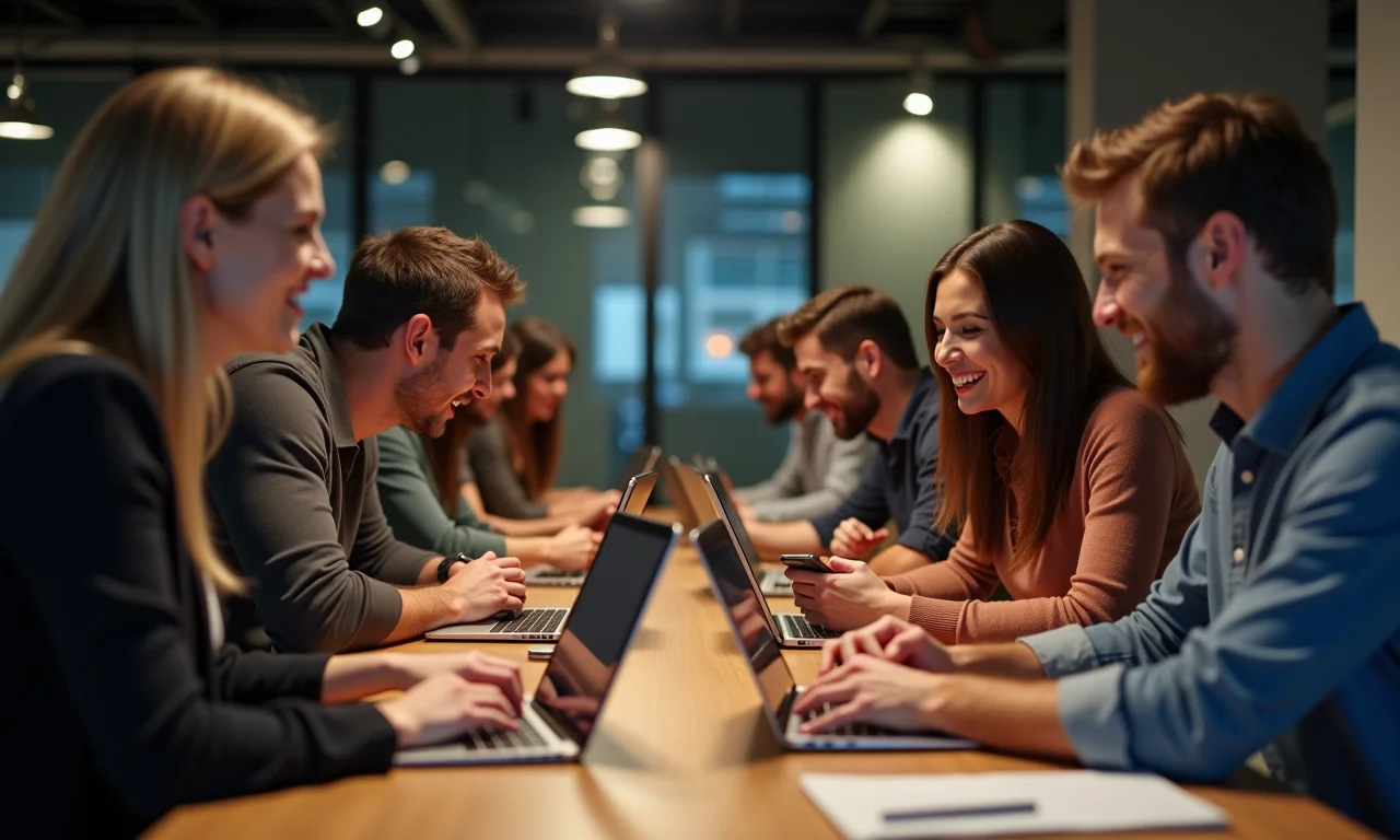 Usuários interagindo com tecnologia em ambiente colaborativo