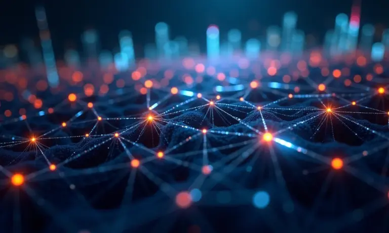 Visualização abstrata de um algoritmo dinâmico com nós interconectados.