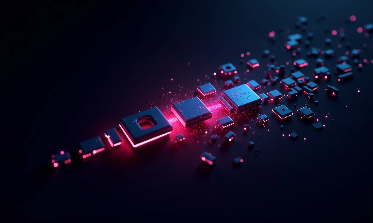 Visualização abstrata de uma pilha de chamadas se fragmentando.