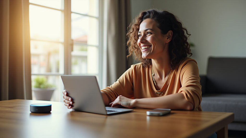 Mulher configurando Alexa Echo Dot em casa.