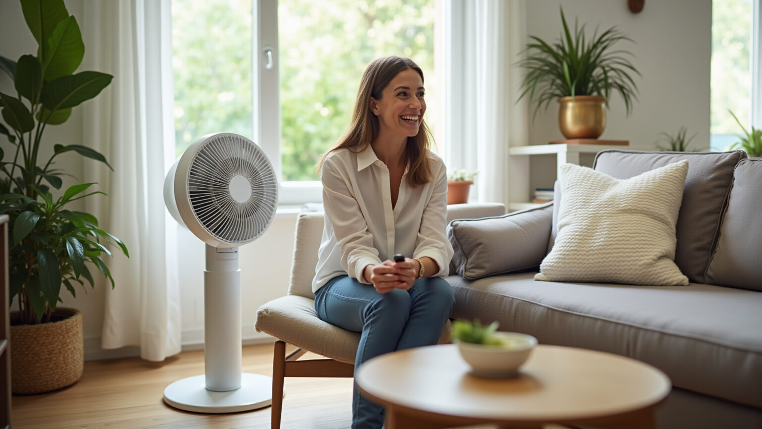 Ventilador de coluna WAP Flow Turbo em sala de estar brasileira.