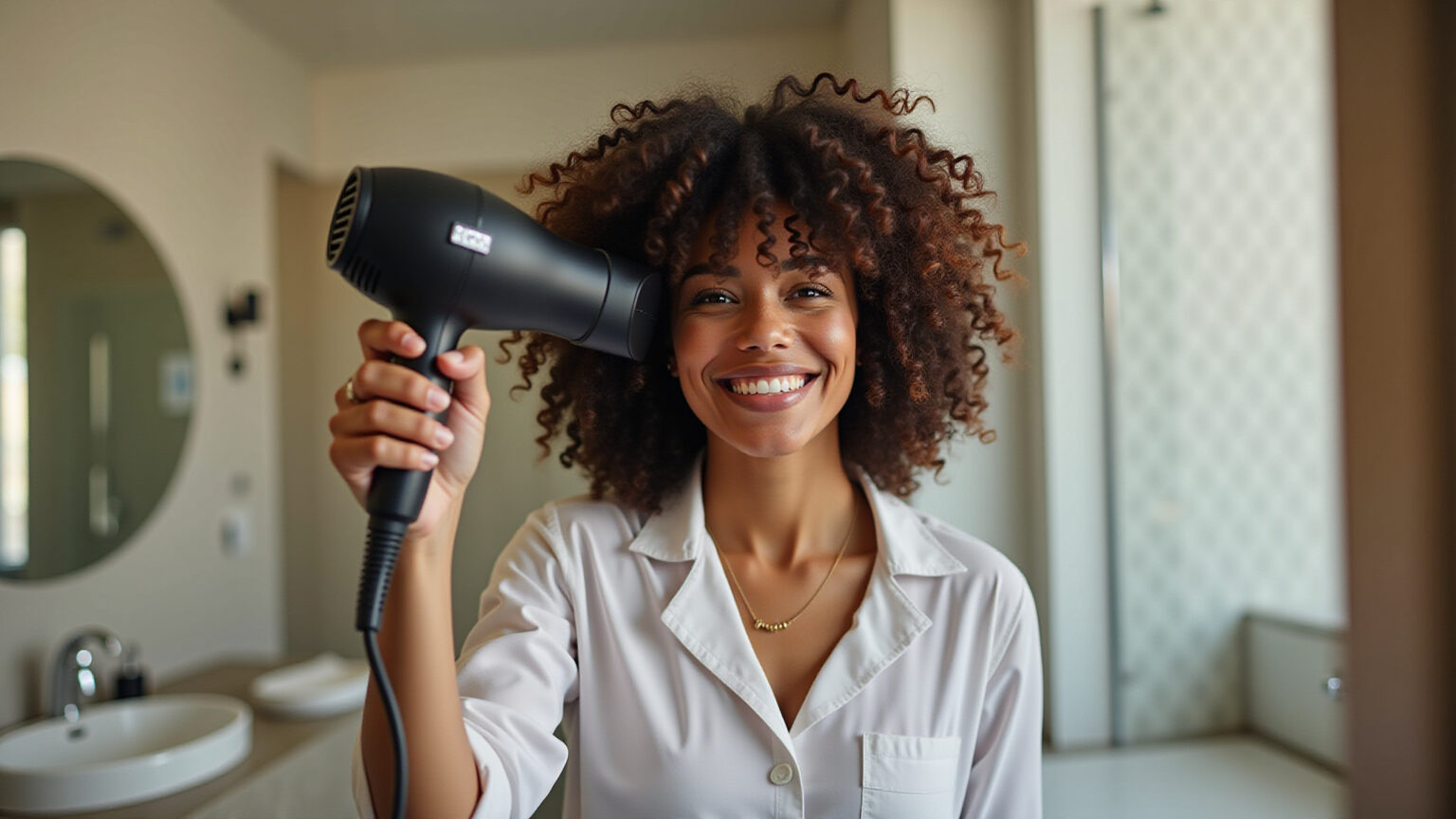 Mulher sorrindo usando secador de cabelo moderno.