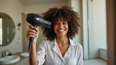 Guia Completo dos Melhores Secadores de Cabelo: Potência e Custo-Benefício Mulher sorrindo usando secador de cabelo moderno.