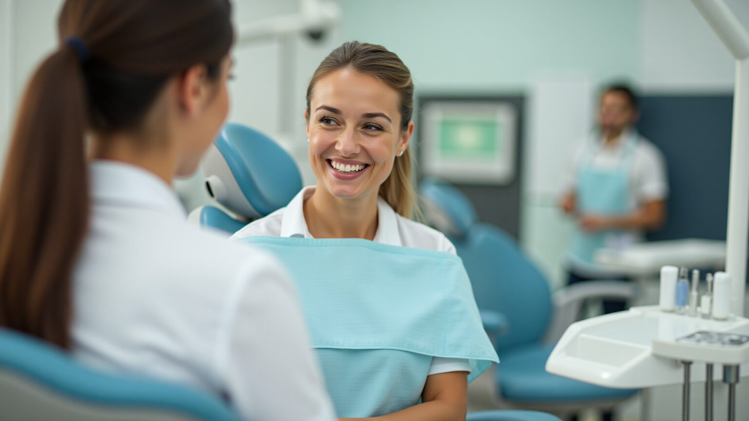 Mulher sorrindo conversando com dentista sobre plano Amil.