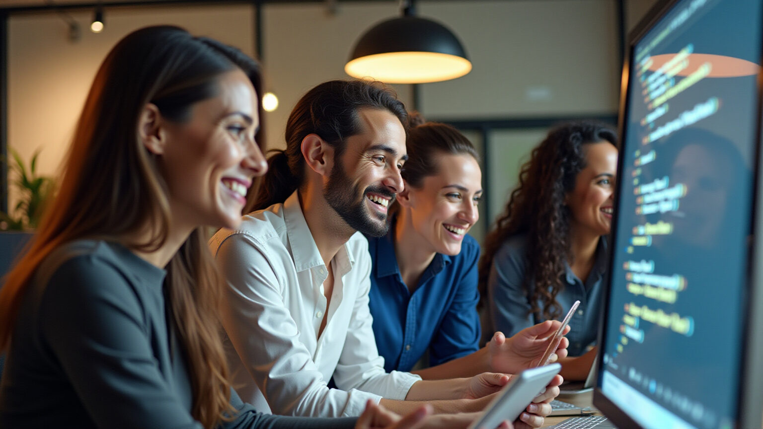 Equipe criando site moderno e inovador em escritório vibrante.