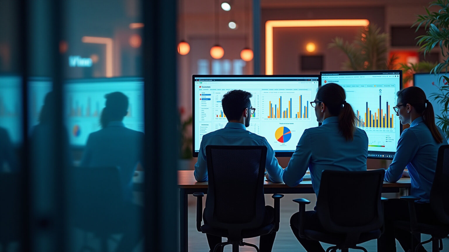 Equipe analisando dados de vendas do YouTube em escritório moderno.