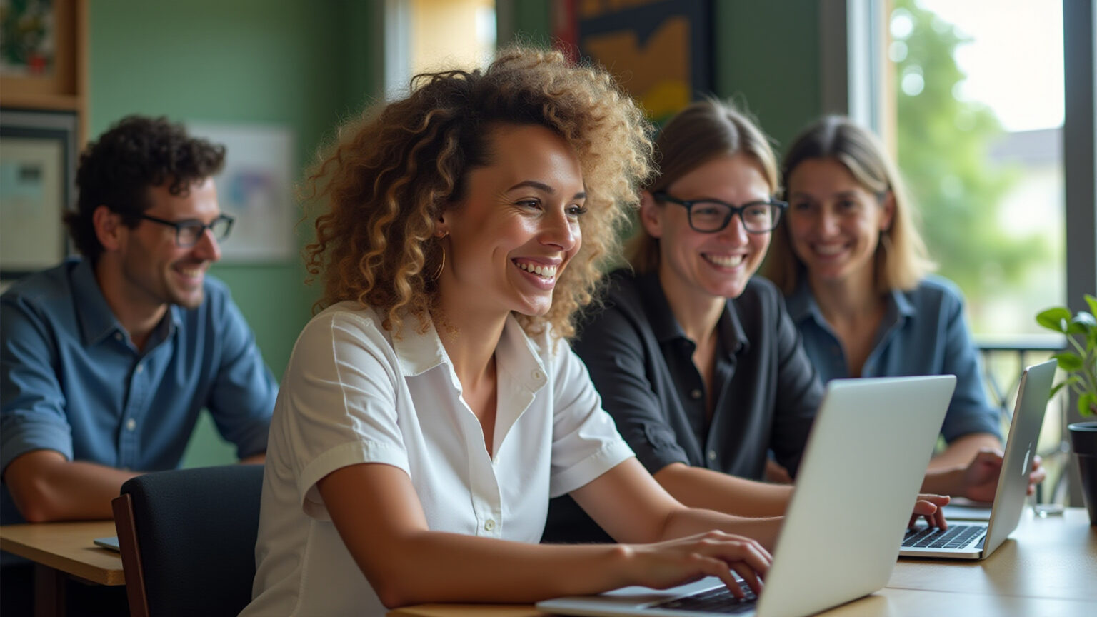 Proptechs e trabalho remoto: a tecnologia por trás da mobilidade global de talentos Profissionais diversos colaborando remotamente em apartamento moderno com soluções proptech.