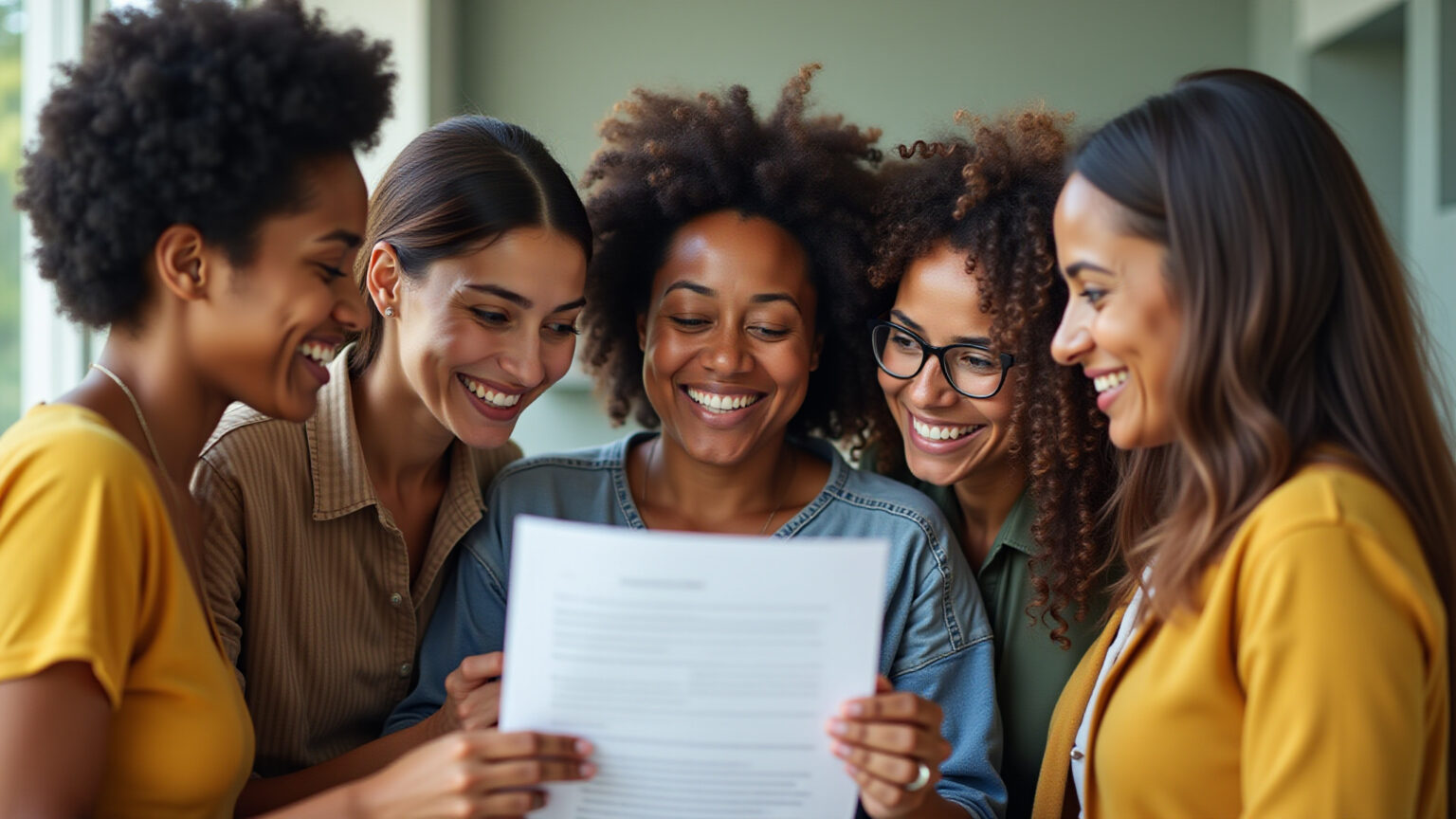 Grupo diverso de brasileiros sorrindo e discutindo plano de saúde Unimed.