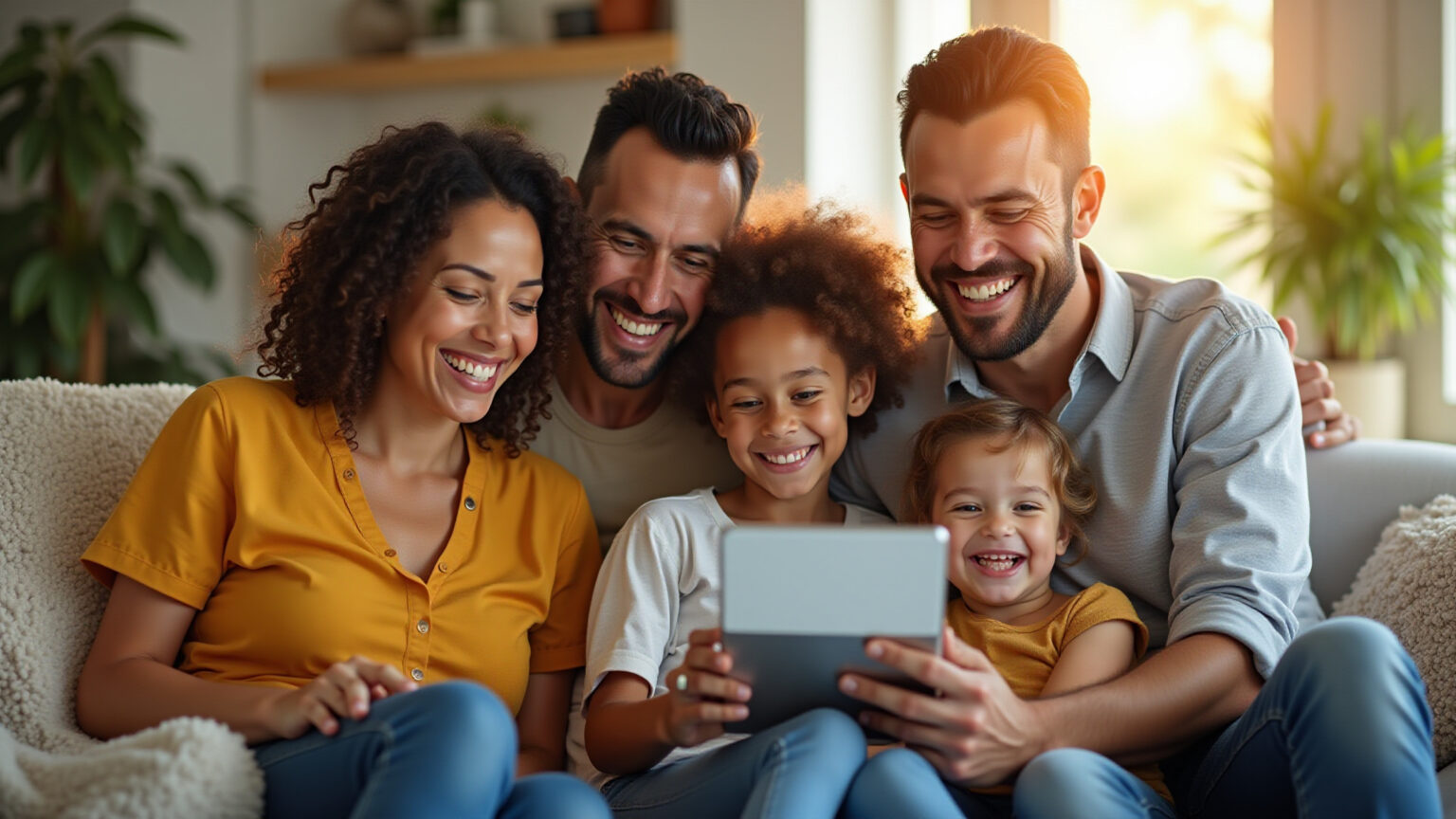 Família brasileira sorrindo ao usar o aplicativo Hapvida em um tablet.