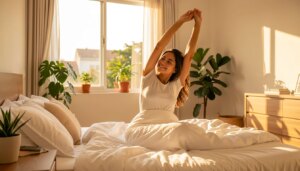 O Impacto de uma Noite de Sono Bem Dormida na Sua Produtividade Diária Mulher jovem acordando revigorada em quarto iluminado pelo sol da manhã