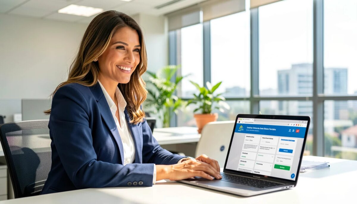 Mulher profissional sorrindo em escritório moderno usando laptop com portal digital
