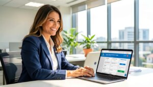 BLL Compras reforça alcance nacional com integração ao PNCP Mulher profissional sorrindo em escritório moderno usando laptop com portal digital