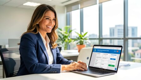 Mulher profissional sorrindo em escritório moderno usando laptop com portal digital