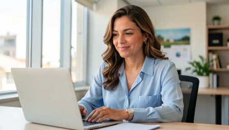 Mulher confiante consultando dados de CNPJ no laptop em escritório moderno